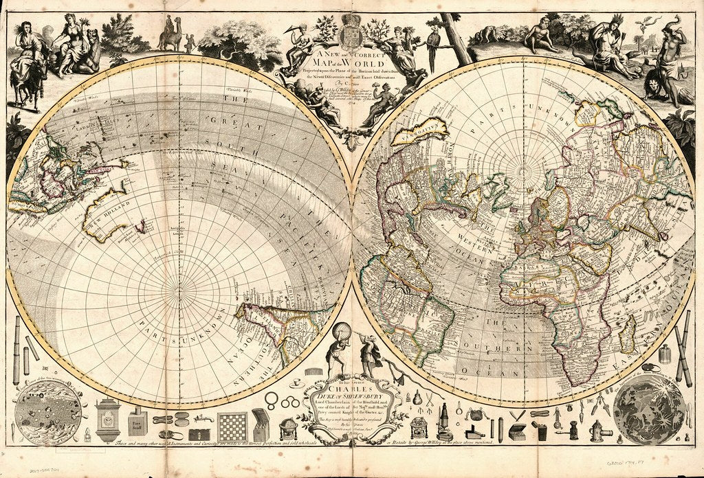 Vintage Map of the World, projected upon the plane of the horizon