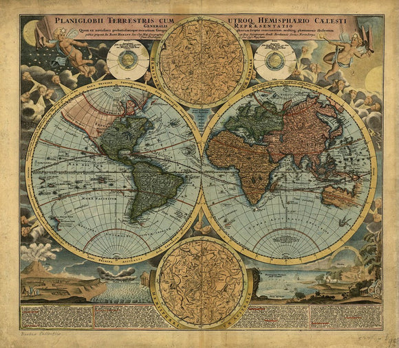 Vintage Map of the World - Planiglobii terrestris cum utroq hemisphærio cælesti generalis repræsentatio., 1716