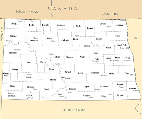 Map of North Dakota ND - County Map with selected Cities and Towns