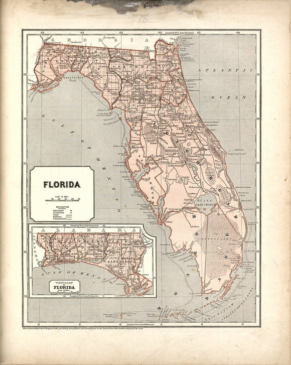 Vintage Map of Florida; Inset map of west part of Florida - North American Atlas, 1842