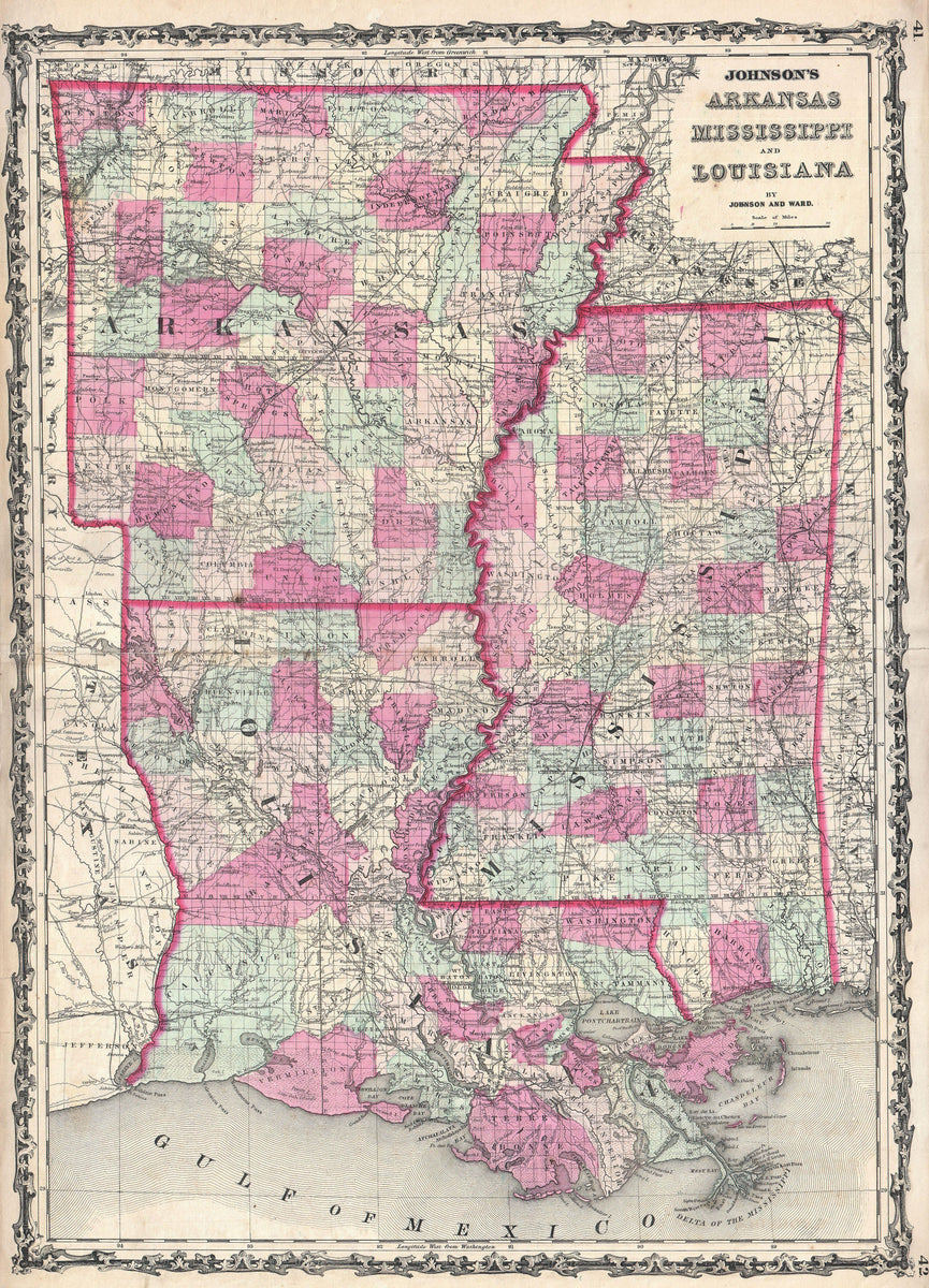 Arkansas, Louisiana and Mississippi 1883 Map 16x24 Inch / Fine Art Paper /  Black