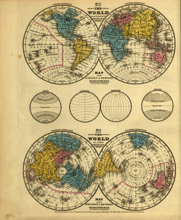 Vintage World Map in Hemispheres, 1839
