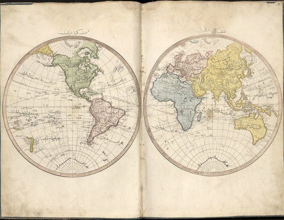 Vintage Map of World spheres, Cedid atlas tercümesi, 1803