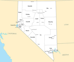 Map of Nevada NV - County Map with selected Cities and Towns
