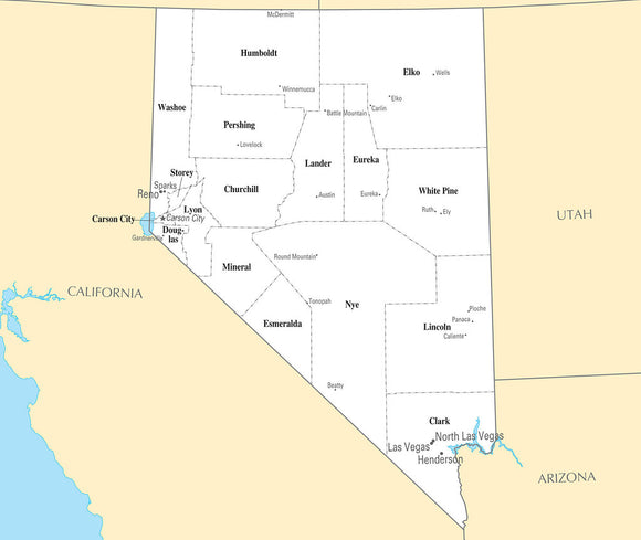 Map of Nevada NV - County Map with selected Cities and Towns