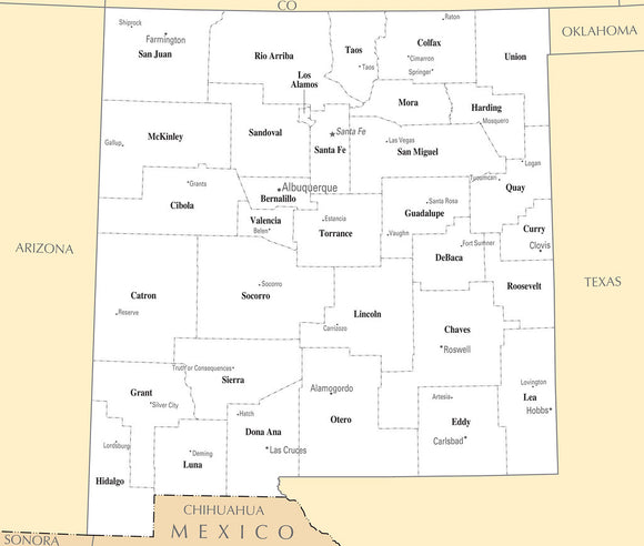 Map of New Mexico NM - County Map with selected Cities and Towns