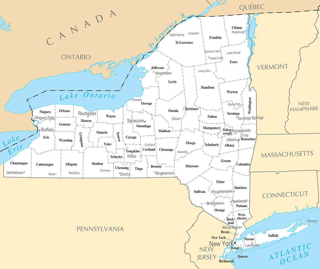 Map of New York NY - County Map with selected Cities and Towns ...