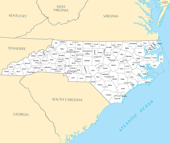 Map of North Carolina NC - County Map with selected Cities and Towns
