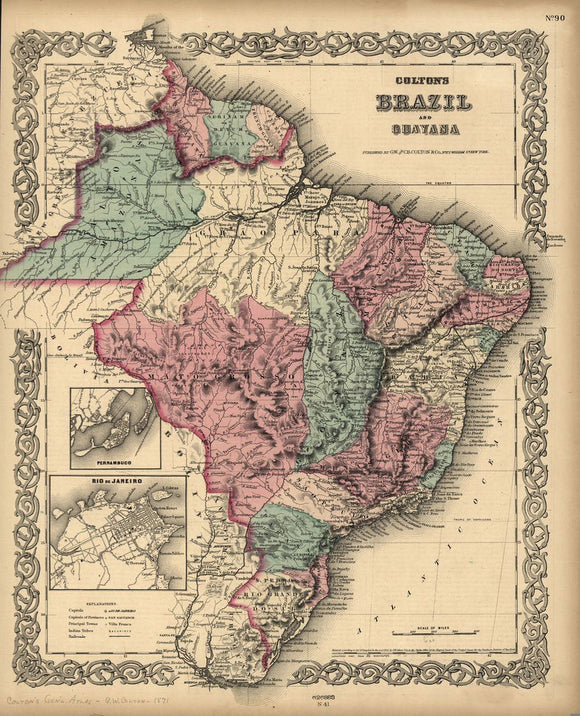 Vintage Map of Brazil with Guayana, 1871