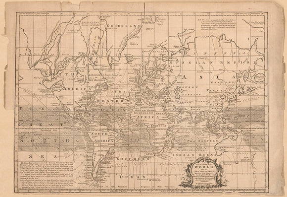 Vintage Map of an accurate chart of the world with the new discoveries : also a view of the general & coasting trade winds, monsoons or shifting trade winds & the variations of the compass from the latest and best authorities, 1758