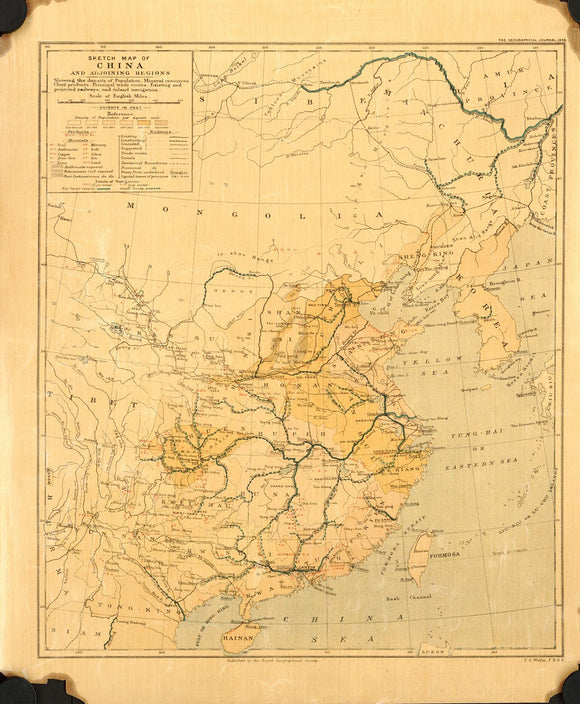 Vintage Sketch Map of China and adjoining regions : showing the density of population, mineral resources, chief products, principal trade routes, exisitng, and projected railways, and inland navigation, 1898