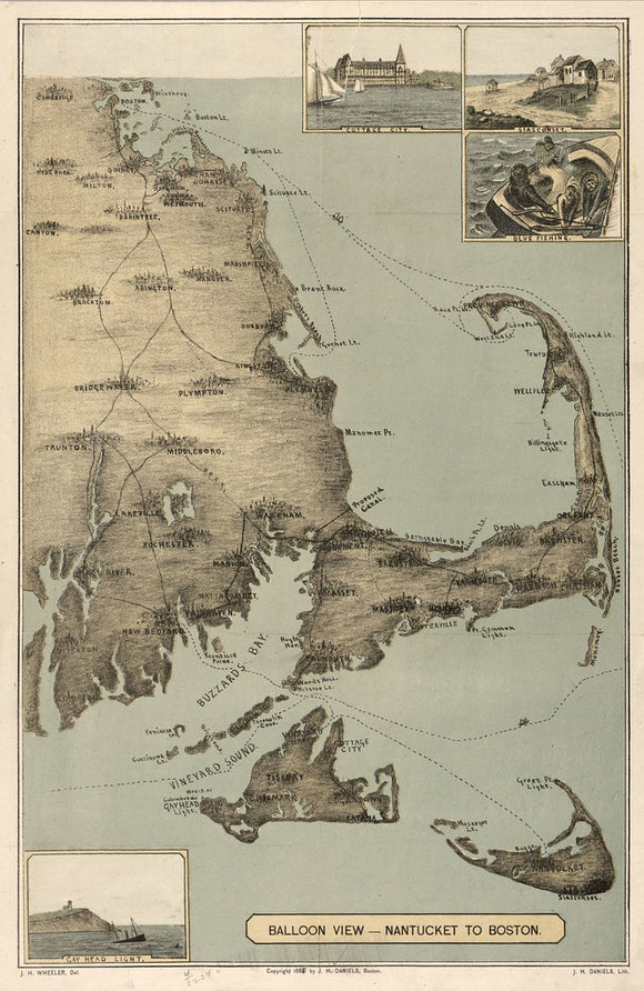 Vintage Map of Balloon view, Nantucket to Boston, 1885