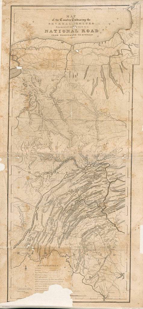Vintage Map of the country embracing the several routes examined with a view to a national road from Washington to Buffalo, 1827