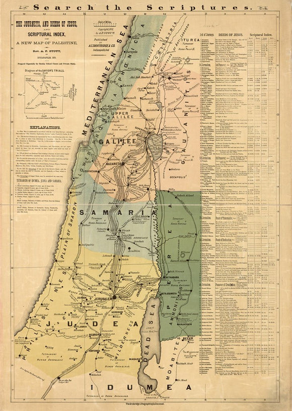 Vintage Map of the Journeys, and Deeds of Jesus, and Scriptoral Index on a New Map of Palestine, 1881