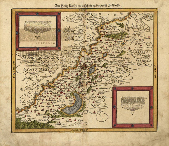 Vintage Map of Das heilig Lande mit Ausztheilung der zwoelff Geschlechter. - Bible.--Old Testament--Geography--Maps - Palestine--History--To 70 A.D.--Maps - Title and text in German. Place names in Latin., 1588