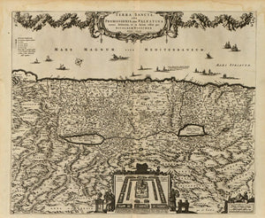 Vintage Map of Terra sancta sive promissionis, olim Palestina recens delineata, et in lucem edita per Nicolaum Visscher. - Bible.--Old Testament--Geography--Maps - Palestine--History--To 70 A.D.--Maps, 1659 Framed Push Pin Map