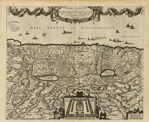 Vintage Map of Terra sancta sive promissionis, olim Palestina recens delineata, et in lucem edita per Nicolaum Visscher. - Bible.--Old Testament--Geography--Maps - Palestine--History--To 70 A.D.--Maps, 1659 Framed Dry Erase Map