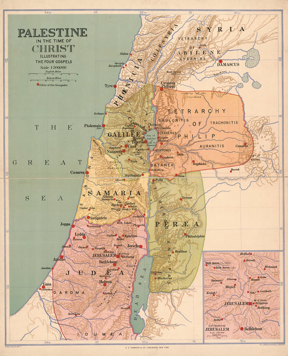 Vintage Map of Palestine in the time of Christ : illustrating the four Gospels., 1916 Framed Dry Erase Map