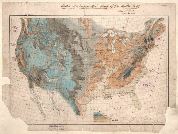 Vintage Map, Sketch of a Hypsometric Chart of the United States, 1872
