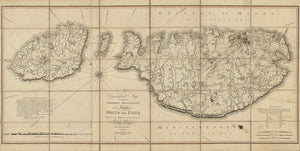 Vintage Map of a topographical map describing the principality of the islands of Malta and Goza, 1799