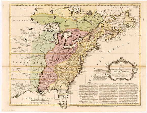 Vintage Map of North America - The British & French dominions in North America : particularly showing the French encroachments through all the British plantations from Nova Scotia down to the Gulf of Mexico., 1758