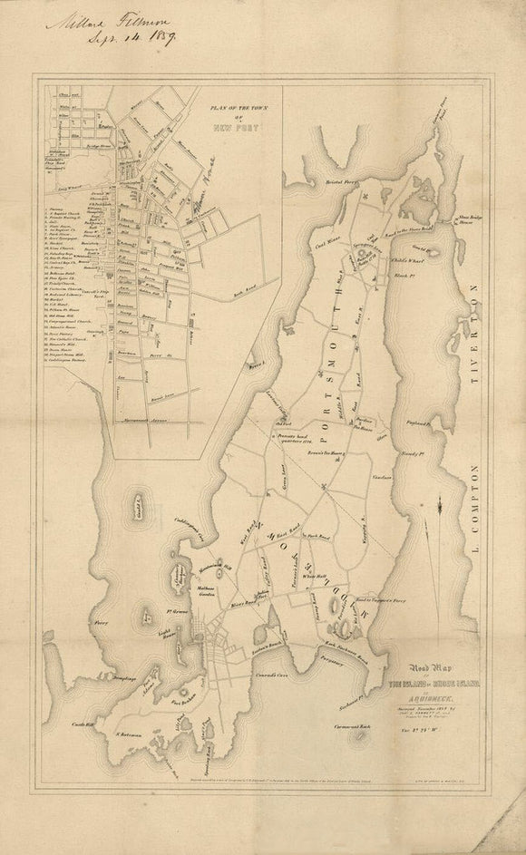 Vintage Map of the Island of Rhode Island or Aquidneck, 1849