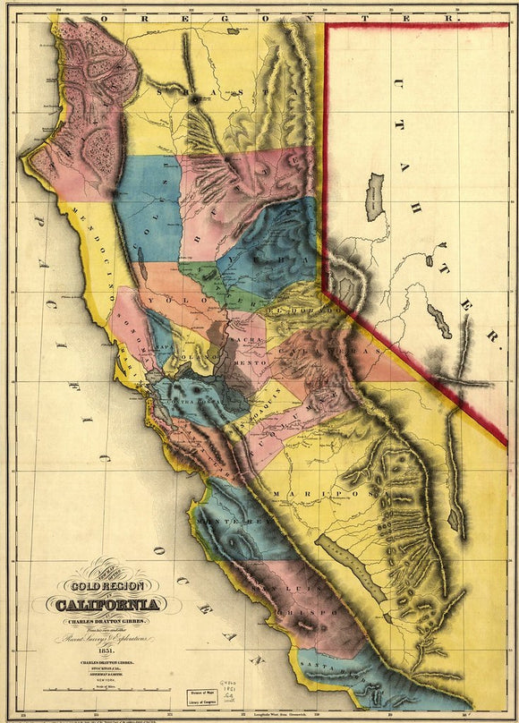 Vintage Map of the Gold Region in California, 1851