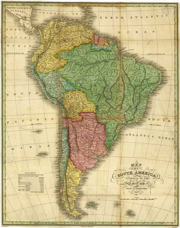 Vintage Map of South America According to the Latest and Best Authorities., 1826
