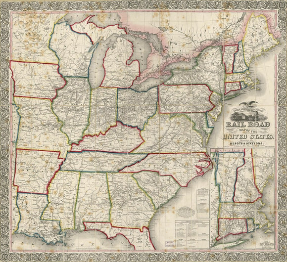 Vintage Map of United States rail road, depots & stations, 1856