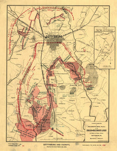 Vintage Map of Gettysburg and vicinity, showing the lines of battle, July, 1863