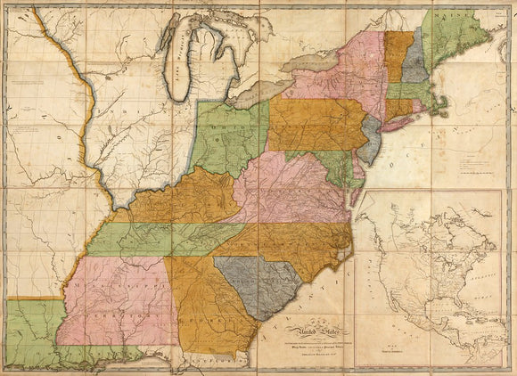 Vintage Map of the United States : exhibiting the post-roads, the situations, connexions & distances of the post-offices, stage roads, counties & principal rivers, 1804