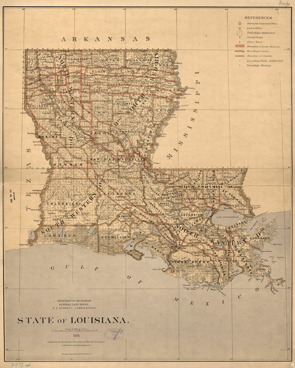 Vintage Map of State of Louisiana, 1876