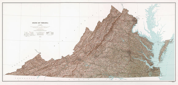 Map of State of Virginia, base map with highways and contours, shaded relief Framed Push Pin Map