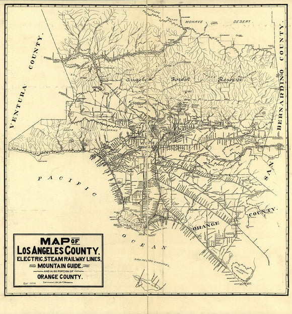 Vintage Map of Los Angeles County : electric, steam railway lines, and mountain guide and also portion of Orange County, 1912