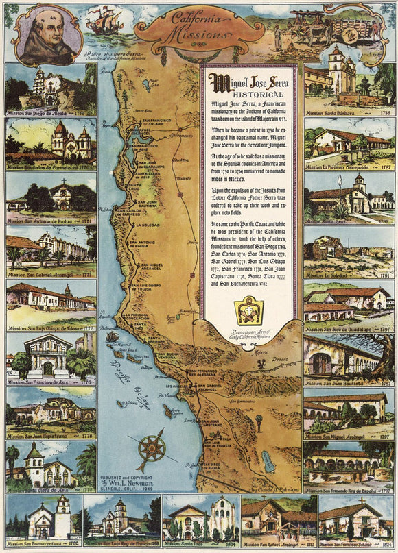 Vintage Map of California missions, 1949