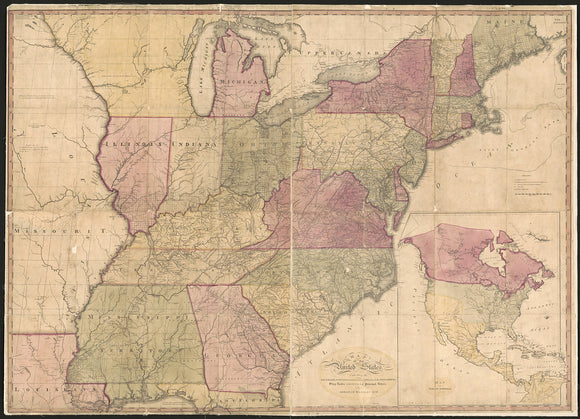 Vintage Map of the United States, exhibiting the post-roads, the situations, connections & distances of the post-offices, stage roads, counties & principal rivers, 1804