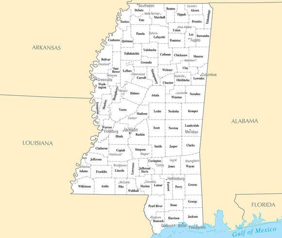 Map of Mississippi MS - County Map with selected Cities and Towns