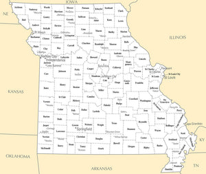 Map of Missouri MO - County Map with selected Cities and Towns