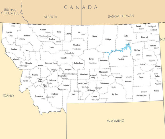 Map of Montana MT - County Map with selected Cities and Towns