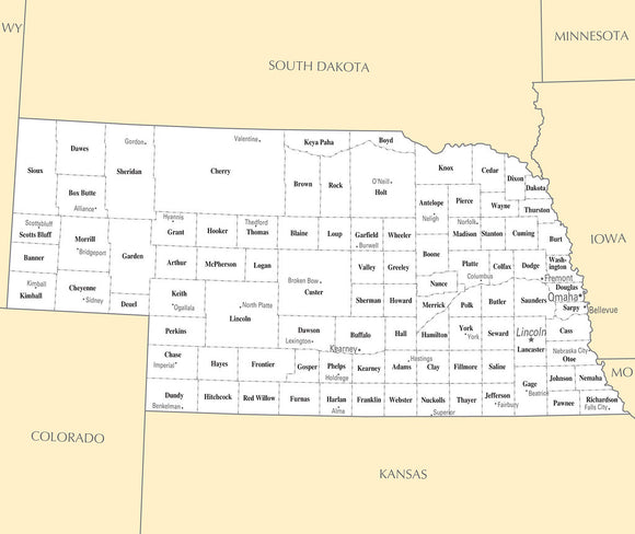 Map of Nebraska NE - County Map with selected Cities and Towns