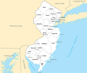 Map of New Jersey NJ - County Map with selected Cities and Towns Framed Dry Erase Map