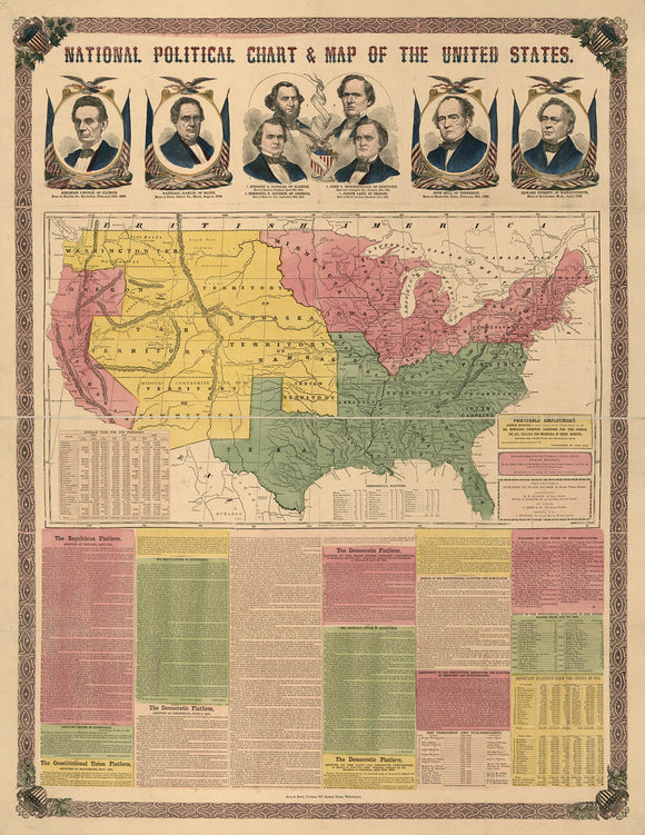 Vintage National Political Chart & Map of the United States, 1860