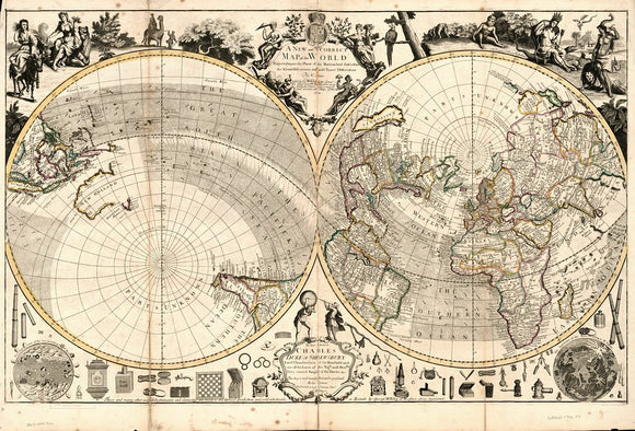 Vintage Map of the World, projected upon the plane of the horizon laid down from the discoveries and observations, 1714