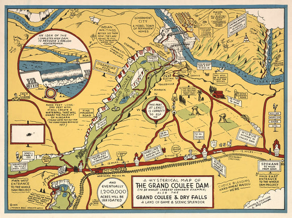 Vintage hysterical map of the Grand Coulee Dam (to be the world's largest concrete example), also the Grand Coulee & Dry Falls : a land of game & scenic splendor - Washington, 1935