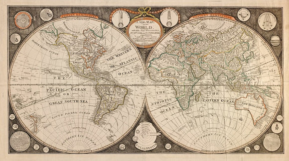 Vintage Map of the World : with all the new discoveries by Capt. Cook and other navigators : ornamented with the Solar System, the eclipses of the sun, moon & planets &c., 1799