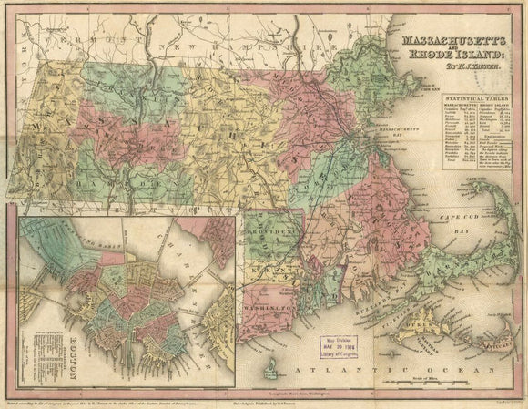 Vintage Map of Massachusetts and Rhode Island, 1833
