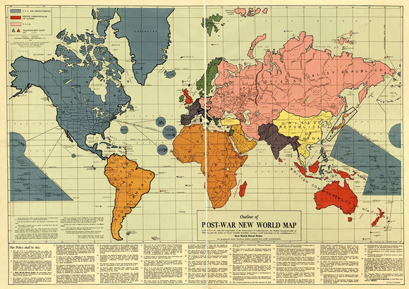 Vintage Map of the World - Outline of post-war new world map, 1942