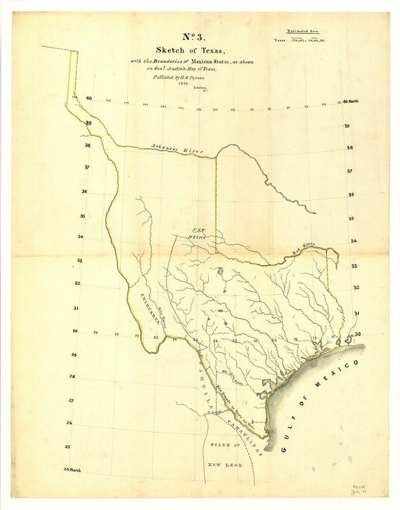 Vintage Map of Texas with the boundaries of Mexican States as shown on General Austin's map of Texas published by R. S. Tanner, 1839
