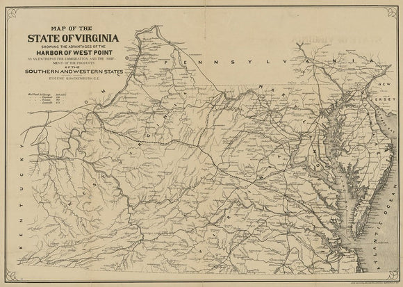 Vintage Map of the state of Virginia : showing the advantages of the harbor of West Point as an entrepot for emmigration and the shipment of the products of the southern and western states, 1875