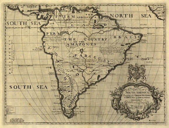 Vintage Map of South America, showing it's general divisions, chief cities & towns, rivers, mountains &c., 1700